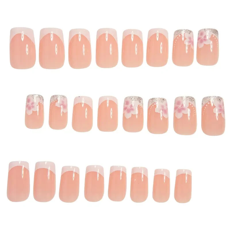 Show Your Beauty 24pcs Square Nails Classic Elegant Pink Flowers White Polka Dot