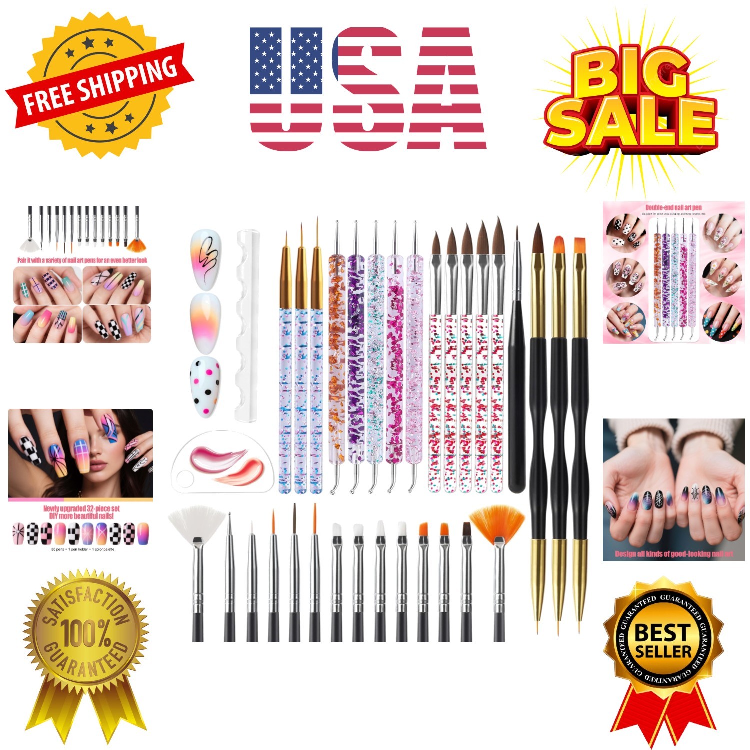 Nail Dotting Tools 32PCS Double-ended Nail Art Brushes Kit Nail Art Gel Polis…