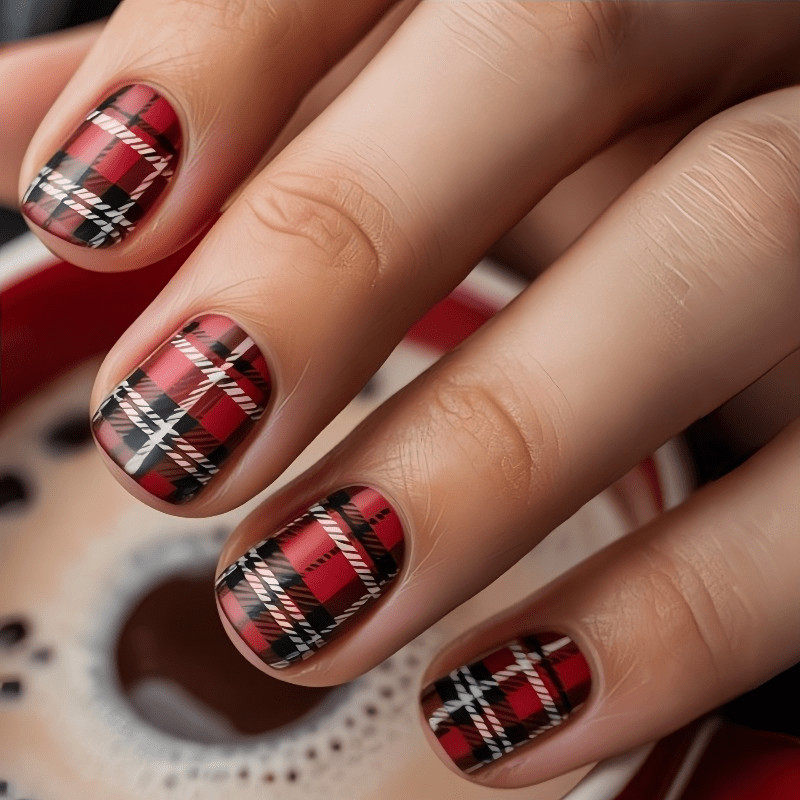 48 Pcs Red Plaid Short Square Press on Nails, Vintage Preppy Nude Fake Nails