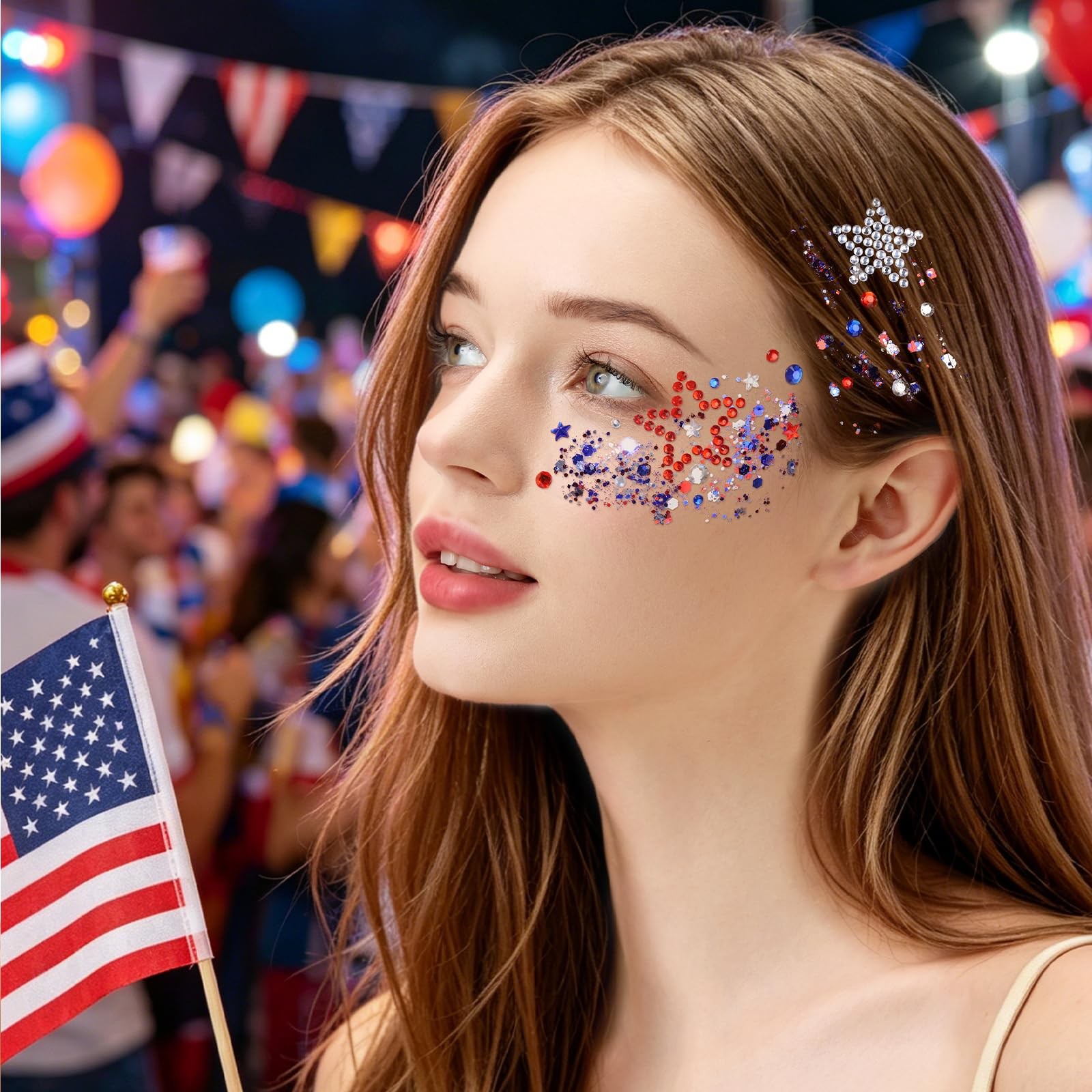 Red White and Blue Body Glitter Gel with Face Gems Set, 4th of July Patriotic Fa