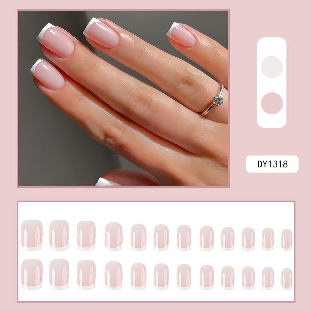White French Tip Press on Nails – Short Square Light Pink Fake Nails, Glossy …