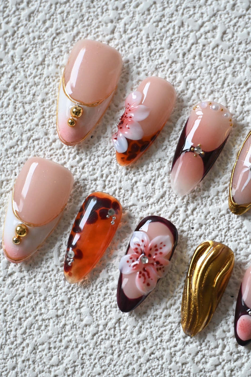 Goddess-Inspired 3D Floral & Tortoiseshell Press-On Nails – Luxe Almond Nails
