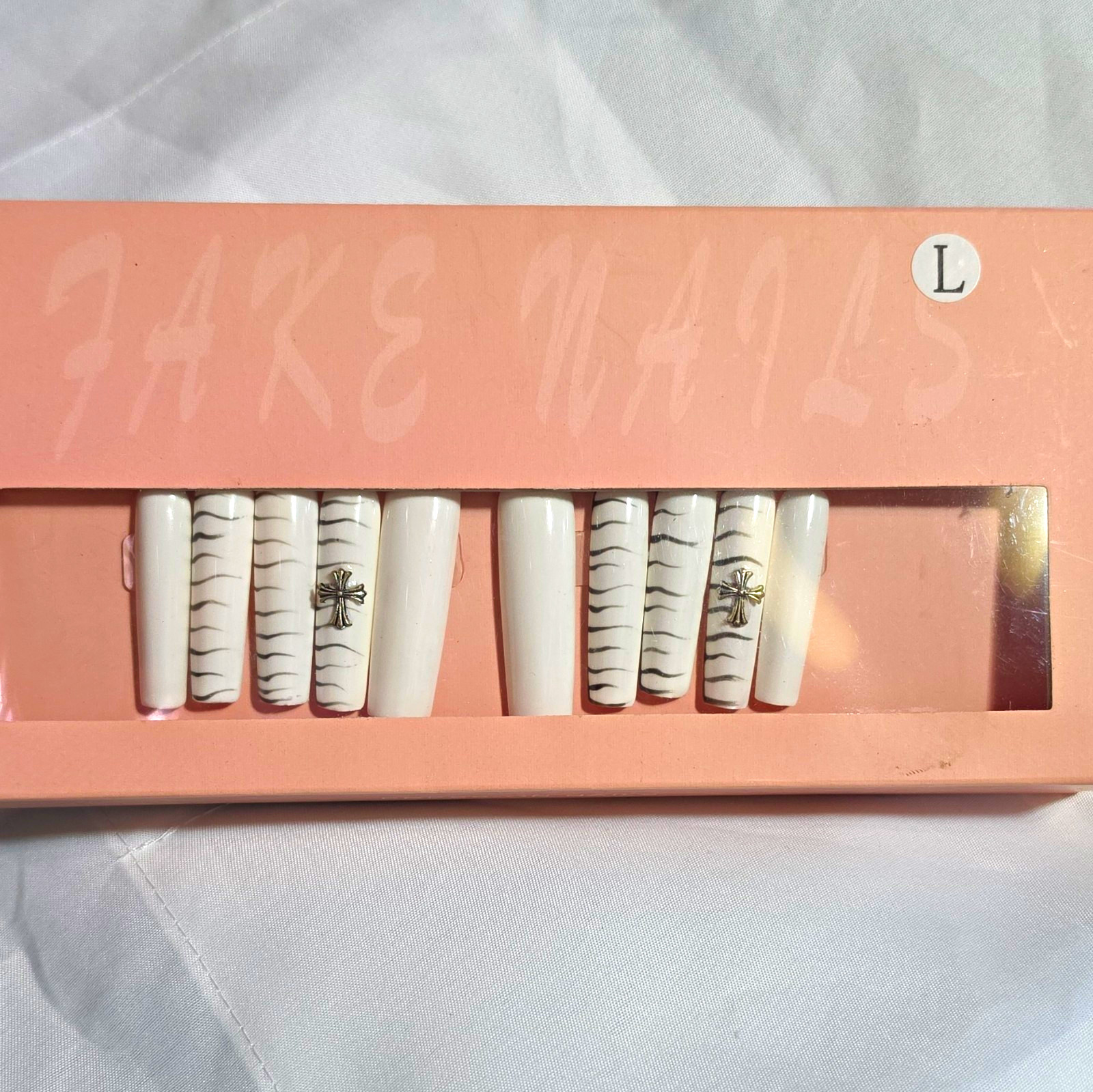 Long Square Press-On Nails White/Black Stripe 3D Cross Charm Full Cover Glue