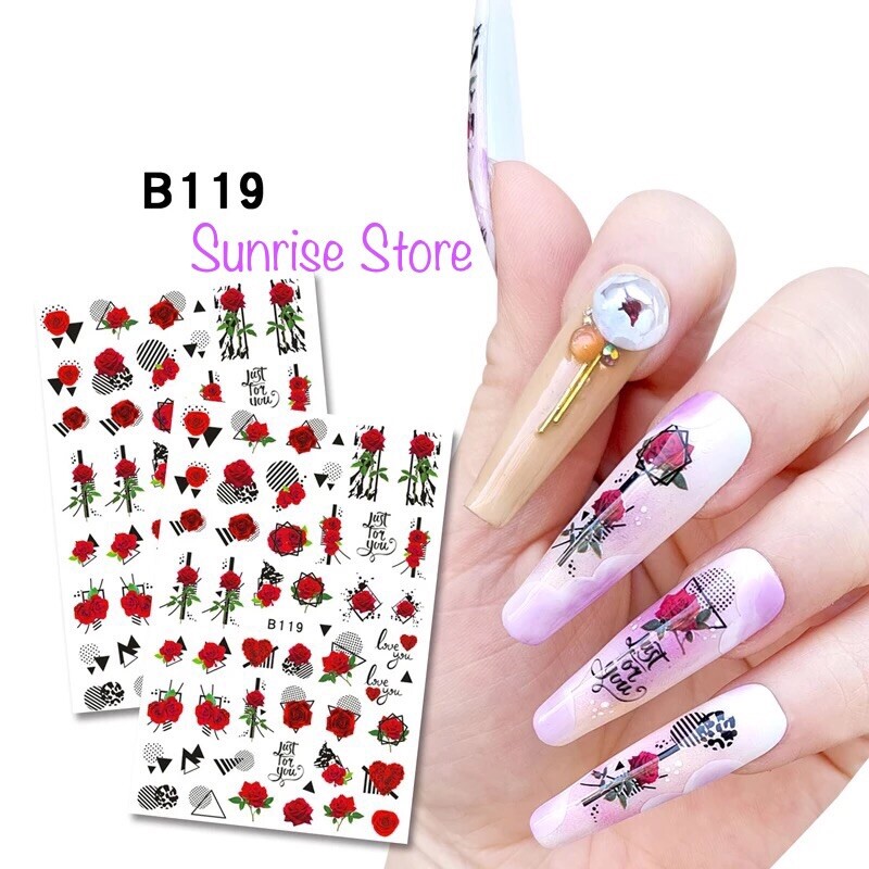 3D Nail Art Sticker 119 Red Rose Flower Leaf Heart Floral Decals Manicure DIY