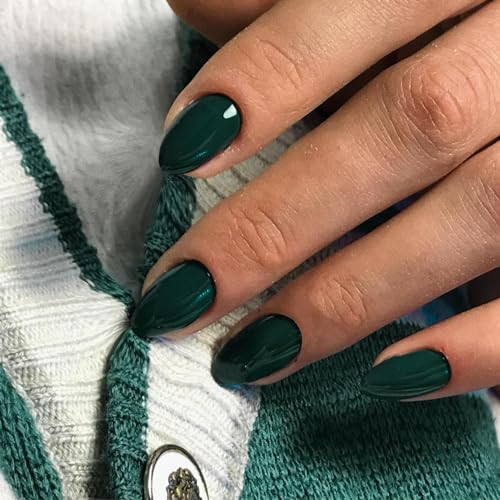 Press-on Nails, Short Oval Acrylic, 24 Pieces, Green, glossy dark green
