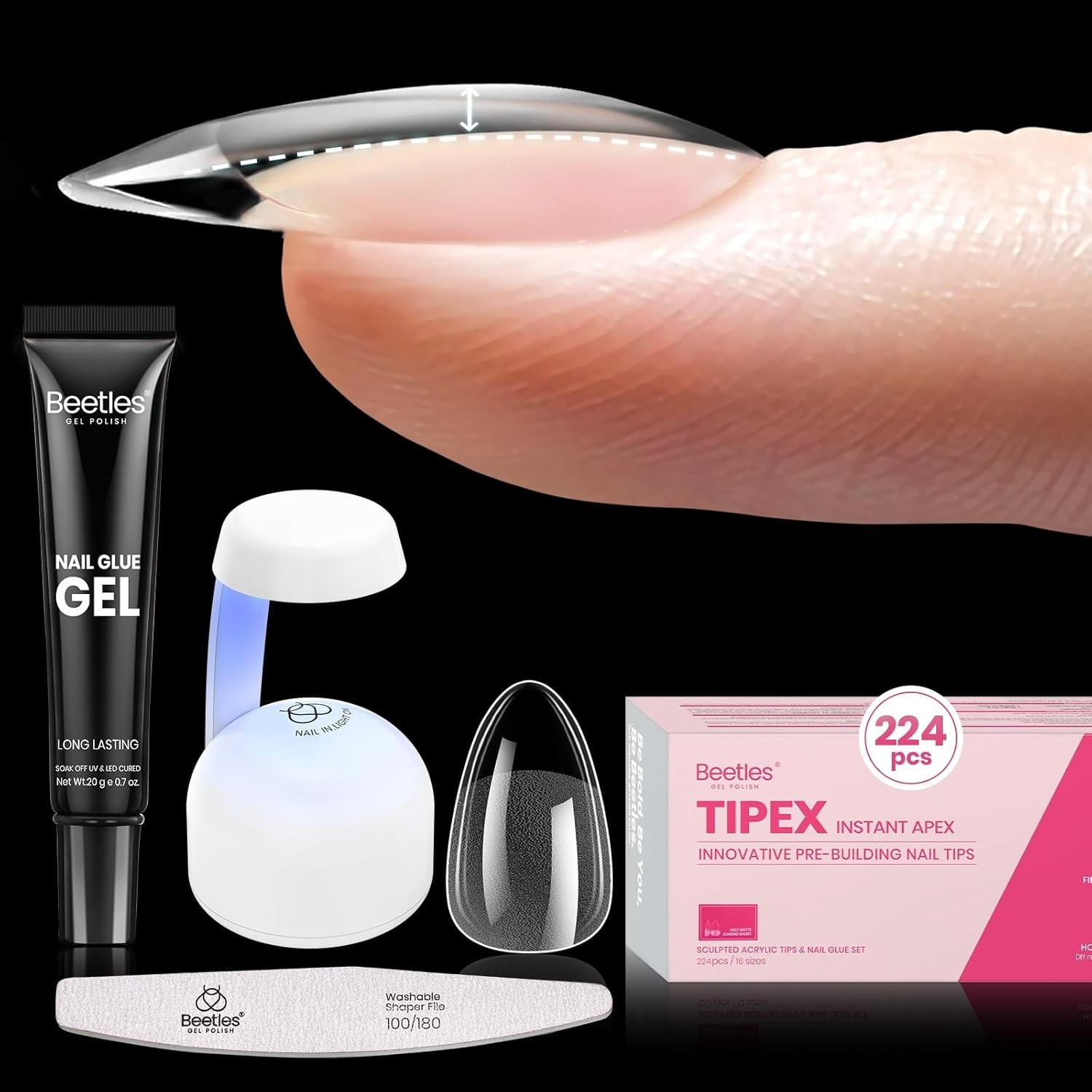 Beetles Tipex Instant Apex Nail Tips Kit, Almond Short 224Pcs 16 Sizes Pre-Build