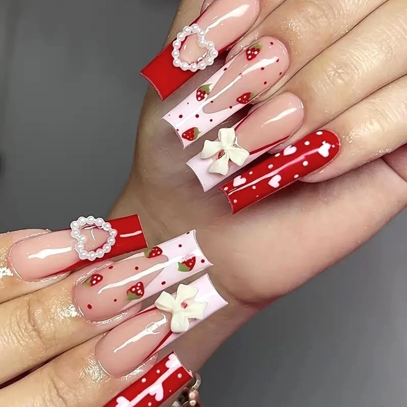 24 Fake Nails Heart 3D Charm Bow Press On Style Kit Glam Vacation Strawberries