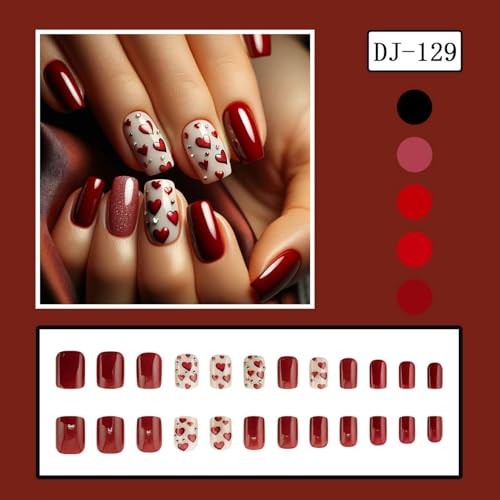 24pcs Heart Press on Nails Short Square Valentines Fake Nails Glitter style12
