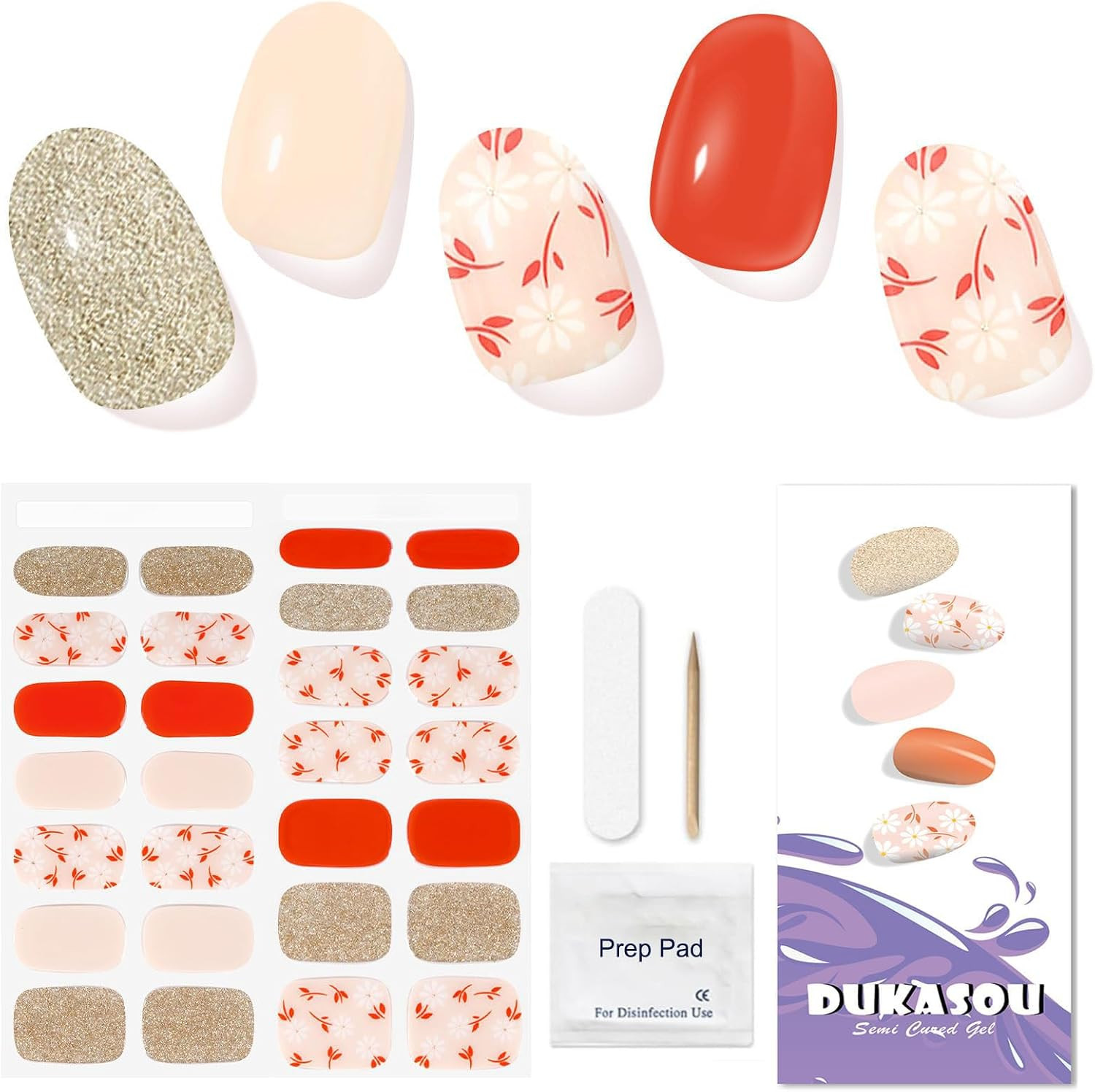 Semi Cured Gel Nail Strips, Red Pink Flowers, 28Pcs Gel Nail Stickers