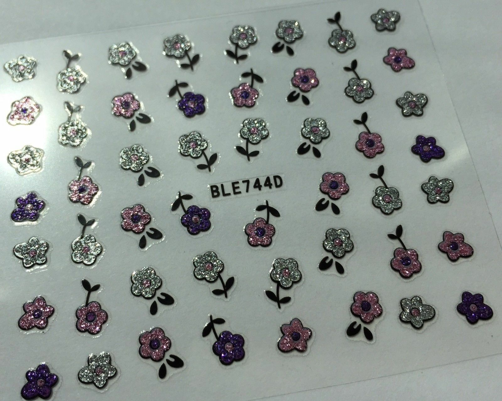 Nail Art 3D Glitter Decal Stickers Pink Purple & Silver Flowers BLE744D