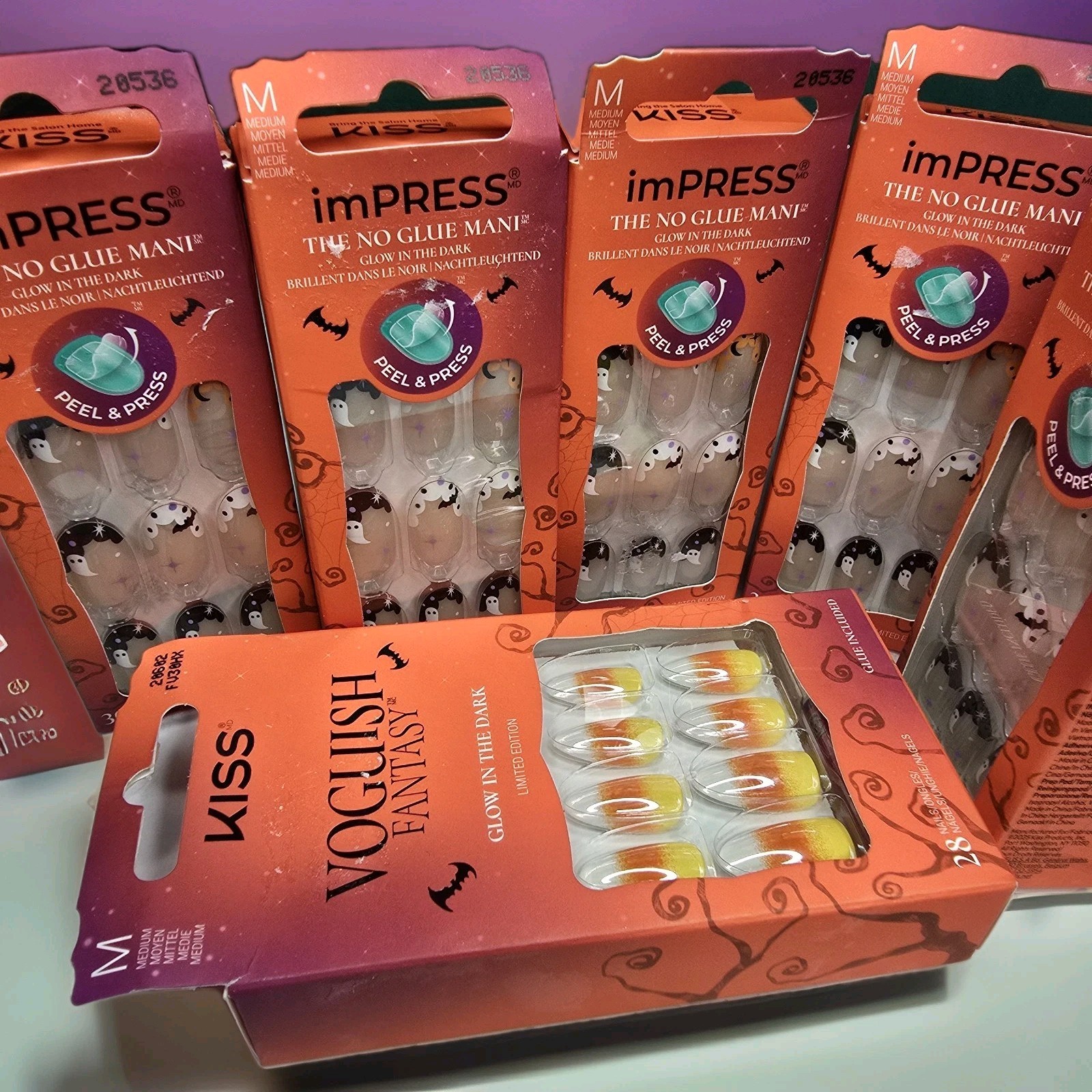 Lot of 6 KISS Halloween Nails – 5 imPRESS Glow in Dark Ghost + 1 Voguish Fantasy