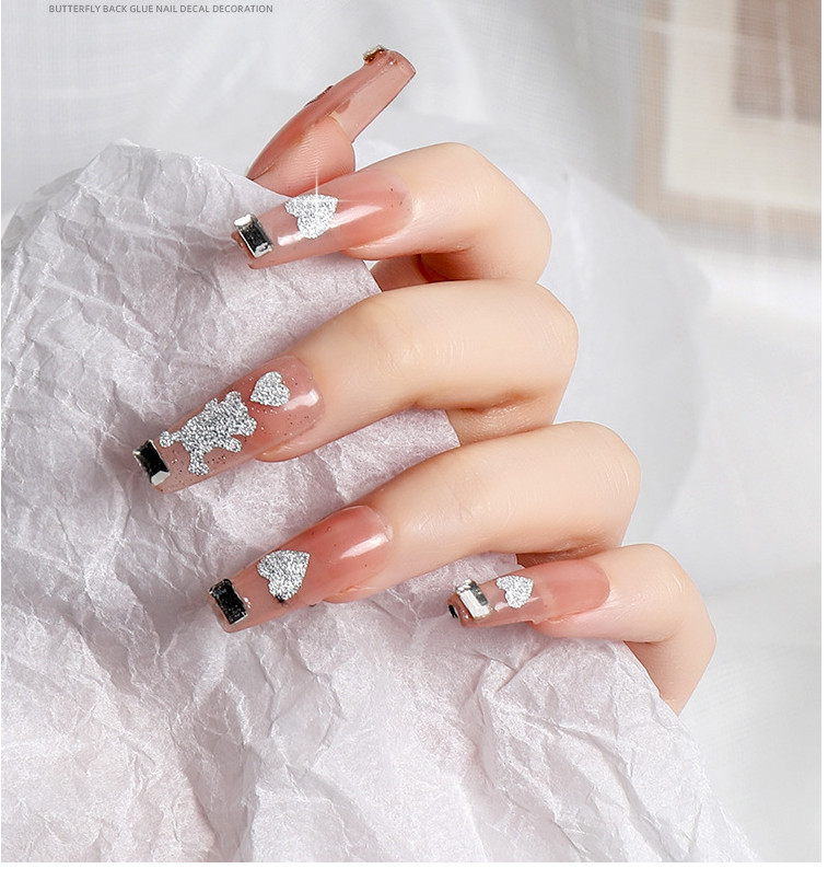 White Glitter Nail Stickers Heart Star Butterfly Bear Flame Transfer Decal NS53