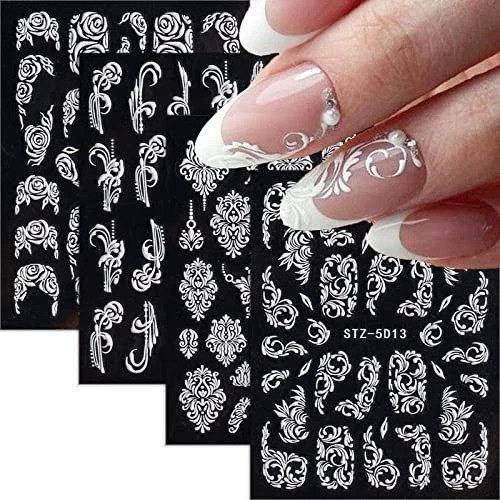 White Flower Nail Art Stickers Decals 5D Hollow Nail Stickers White Lace Rose