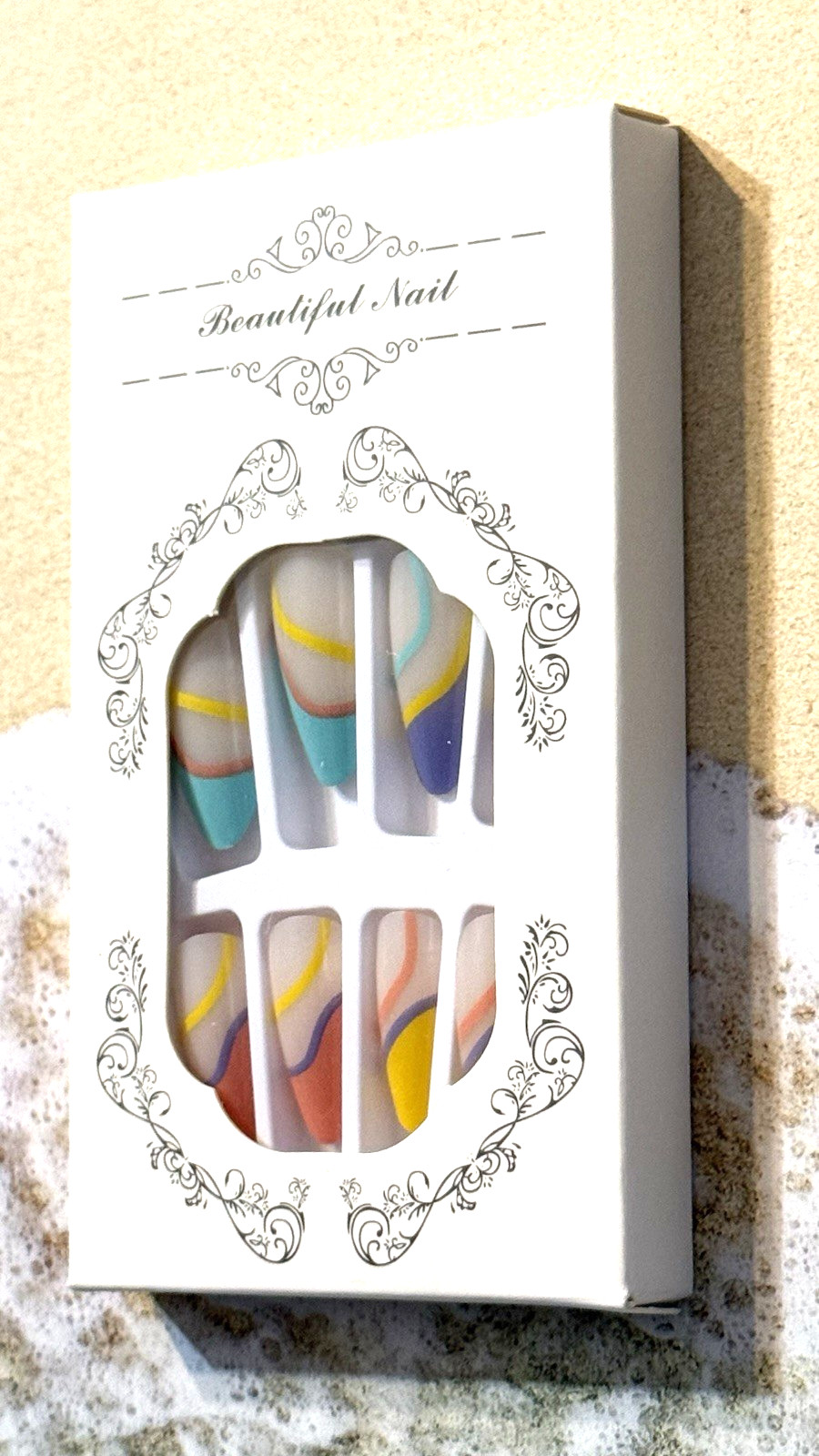 Beautiful Nail MILKY WHITE FRENCH with COLORFUL SWIRLS Press On Mani Long Almond