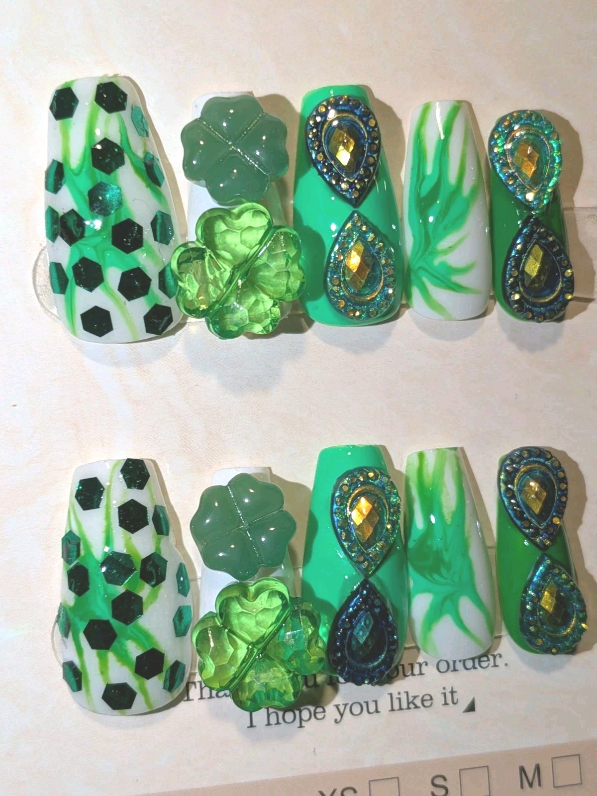 Hand Crafted St Patty Short Nail Set with Quality Glowing Gem Accents Sz LARGE