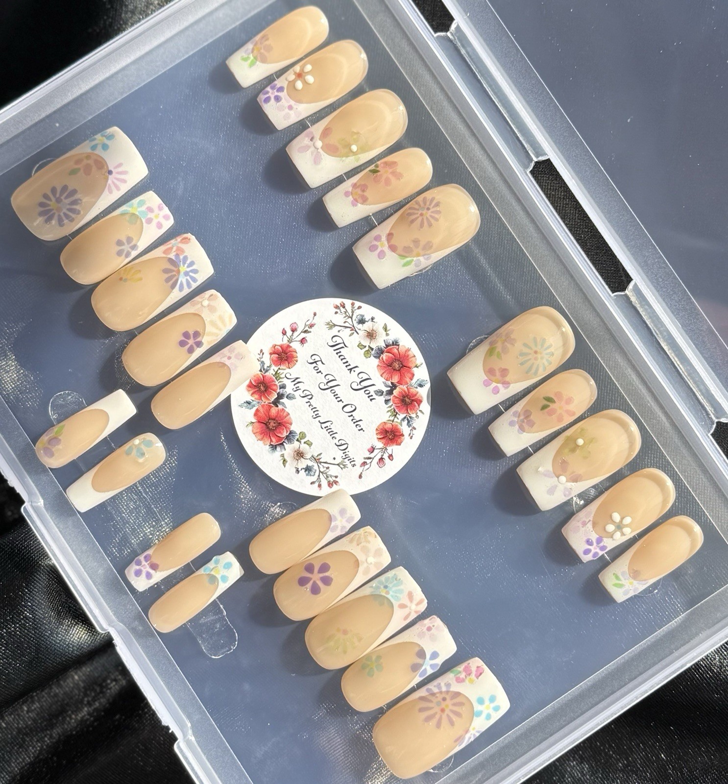 Handmade Press On Nails, Square Acrylic Gel French w/Flowers~With Free Gifts💝