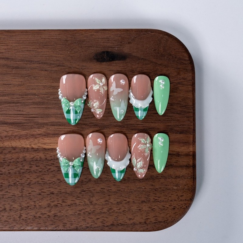 10pcs Green Almond Nails 3D Plaid Tip Flower Bow Pearl All Season