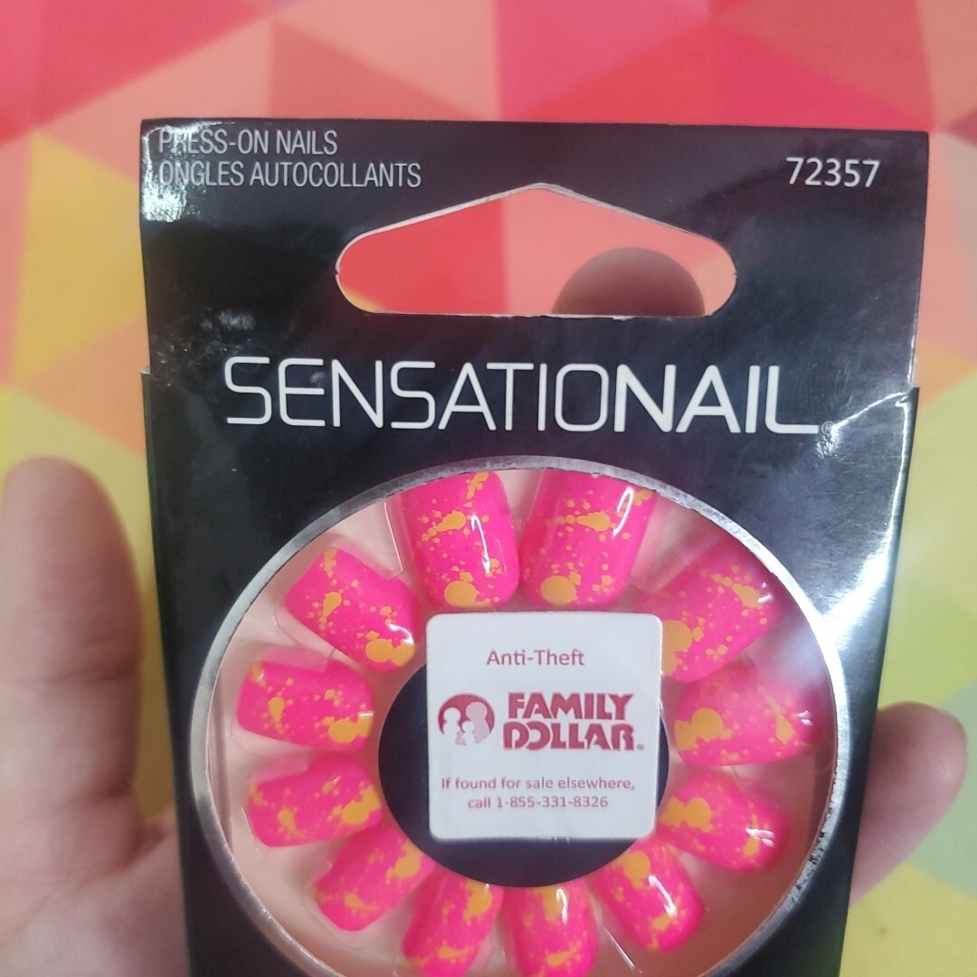 SensatioNAIL Press On Nails ~ #72357 Neon Pink W/Yellow Paint Splatter~24 Nails