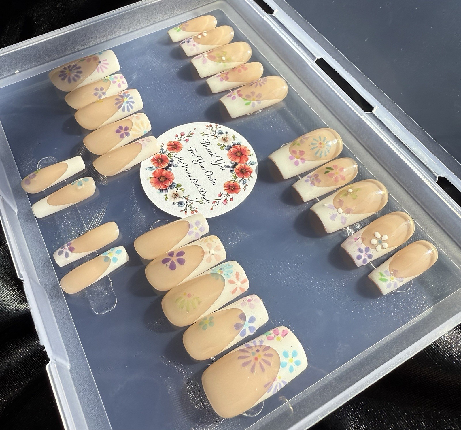Handmade Press On Nails, Square Acrylic Gel French w/Flowers~With Free Gifts💝