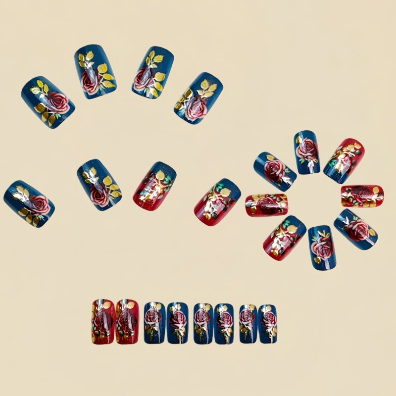 48Pcs-Short Square Teal Burgundy Rose Gold Leaf Hand Painted Press on Nails Set