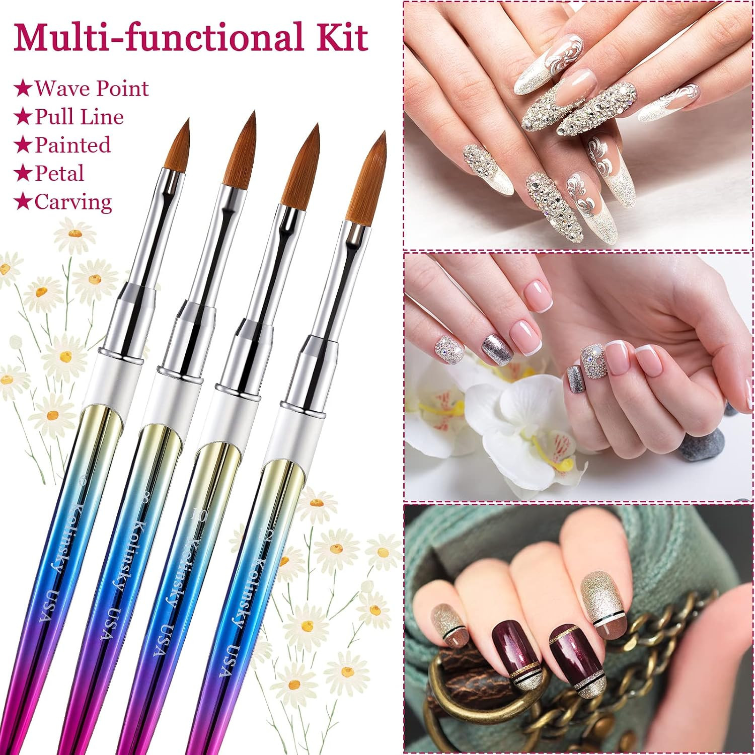 4 Pieces Kolinsky Acrylic Nail Brush Kolinsky Hair Bristles round Shaped Handle