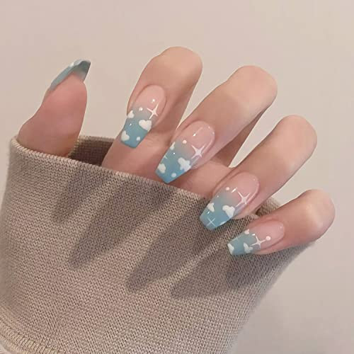 Coffin Press on Nails Medium Blue Gradient Fake Nails Glossy Sky Cloud False