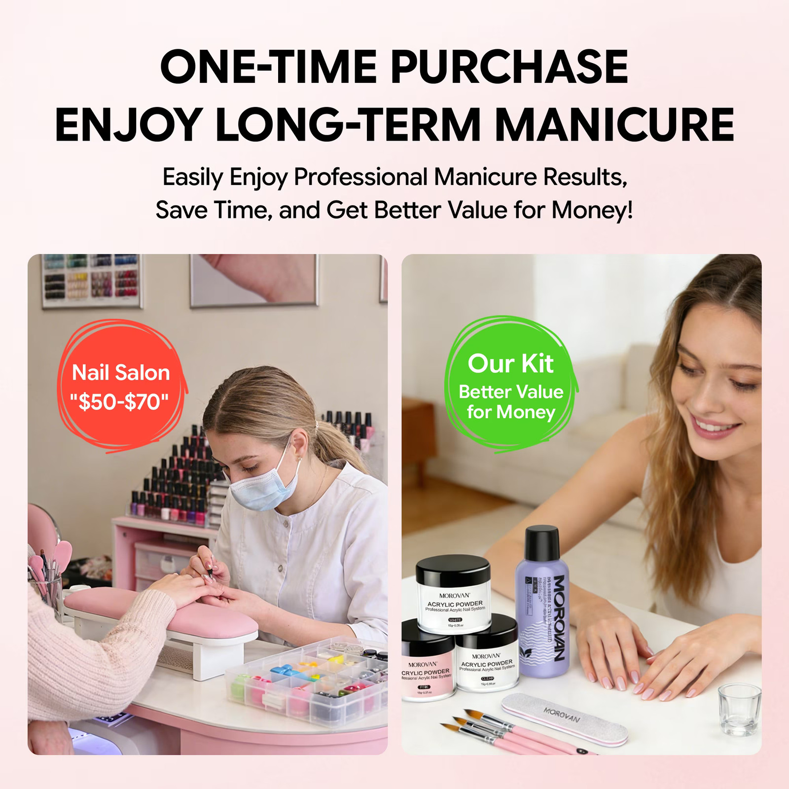 Morovan Acrylic Nail Kit – Clear Pink & White Powder with Liquid Set, Nail Brush