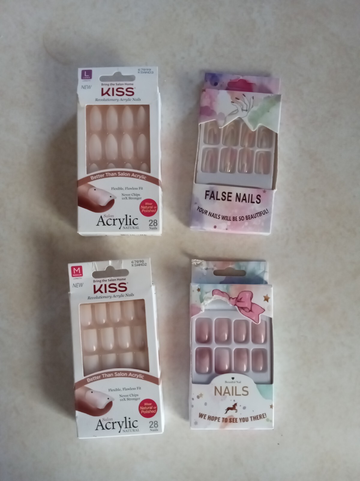 Lot of Four New- 2 Square 2 Oval W/ 2 Natural 2 Colored Press On Nails (No Glue)