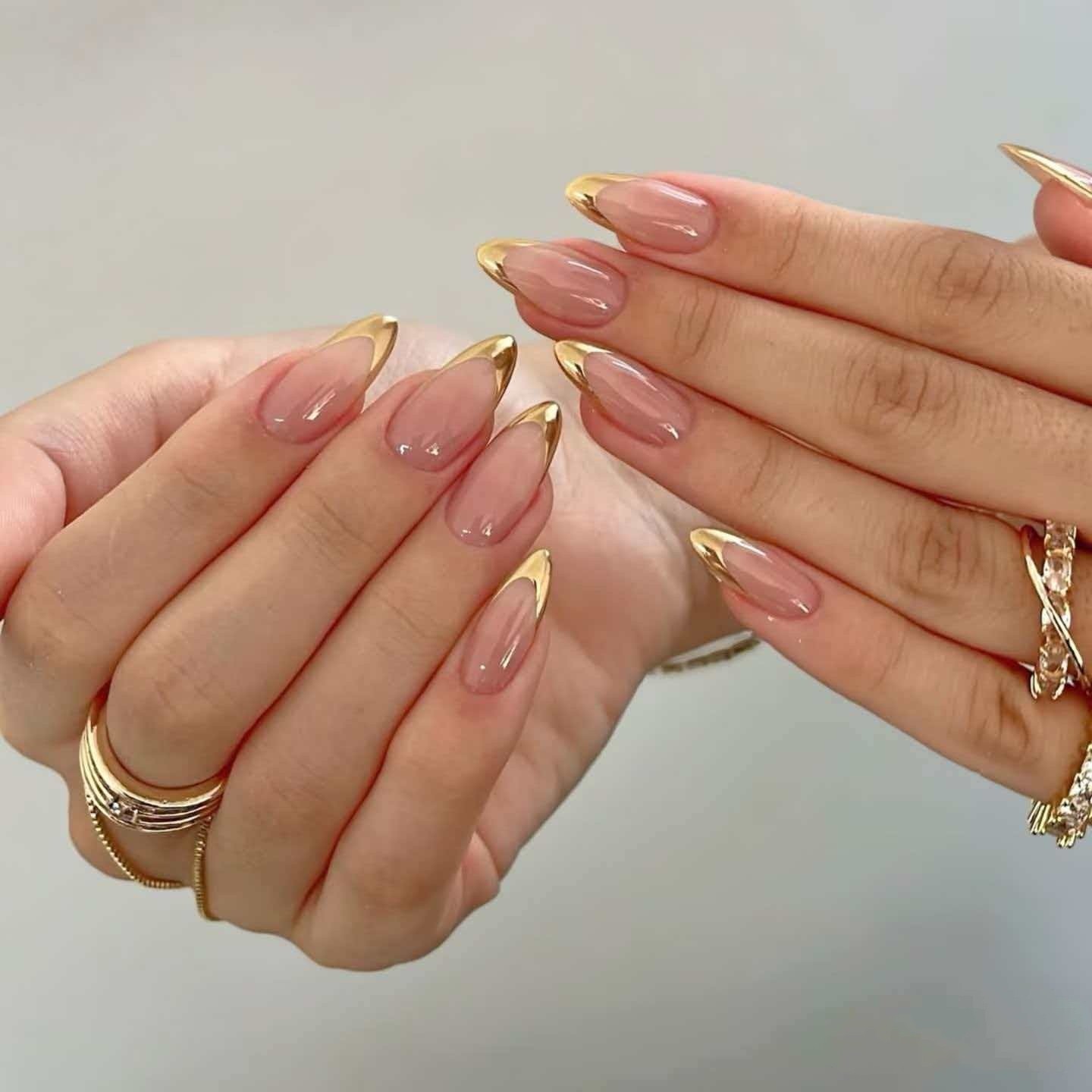 24pcs Simplistic French Golden-Edge Mirror Powder Press-On Nails, Short Almond
