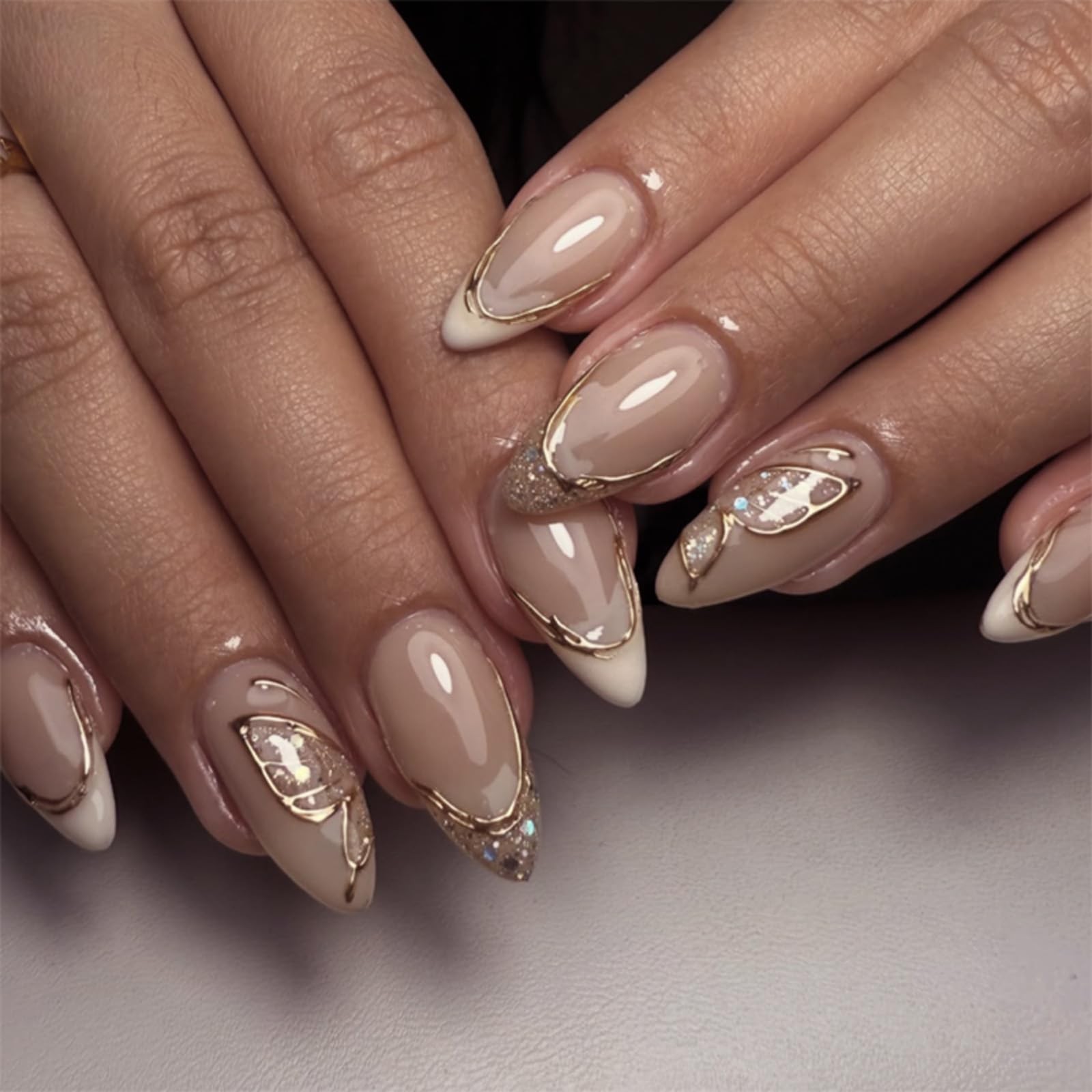 Medium Press On Nails Almond – Nude & White French Tips with Gold Foil and Gl…
