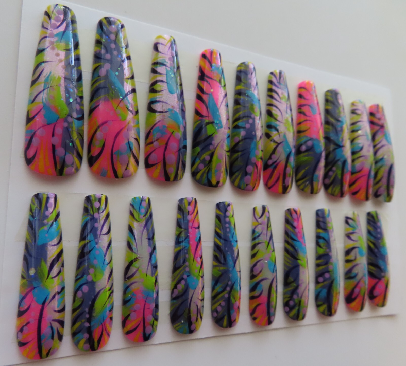 XL Pink Purple Black Blue Green Yellow Abstract Glitter Coffin Press On Nails