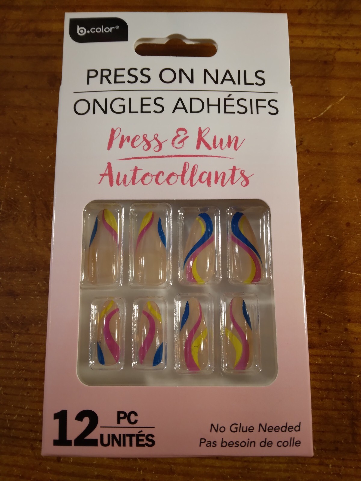12 Piece finger nail set Blue Pink Yellow stripes 273872