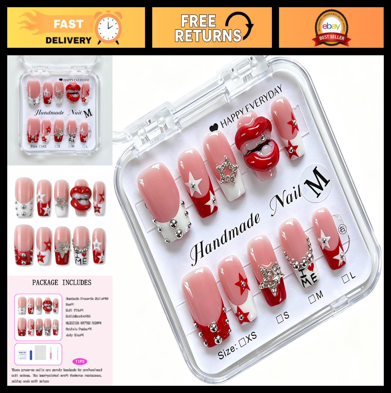 Medium Square Press-On Nails – Red White Stars & 3D Lips, Thick Acrylic, 10 Pcs