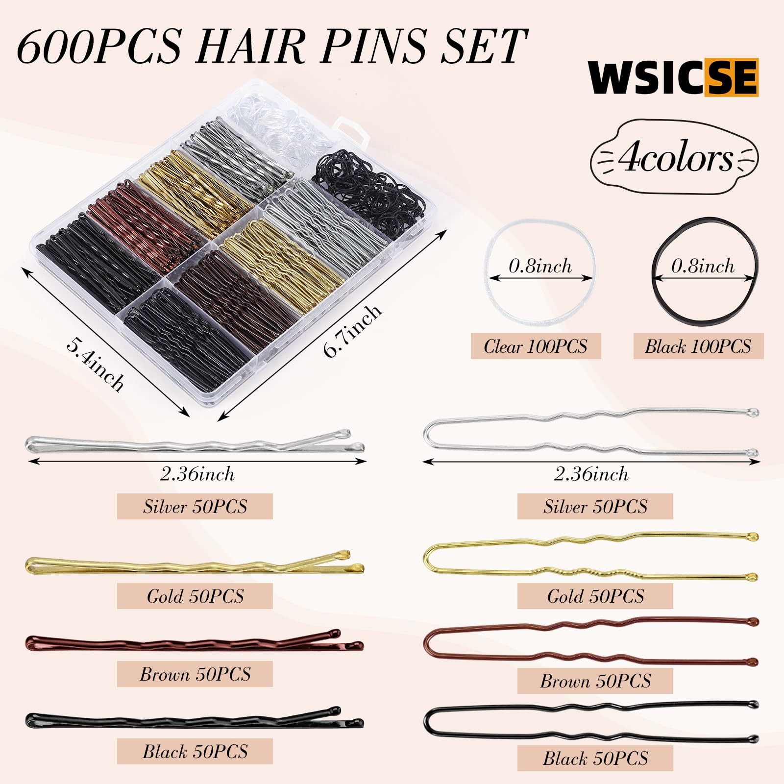 600Pcs Bobby Pins, 4Colors Hair Pins for Women Black, Brown, Blonde, Silver