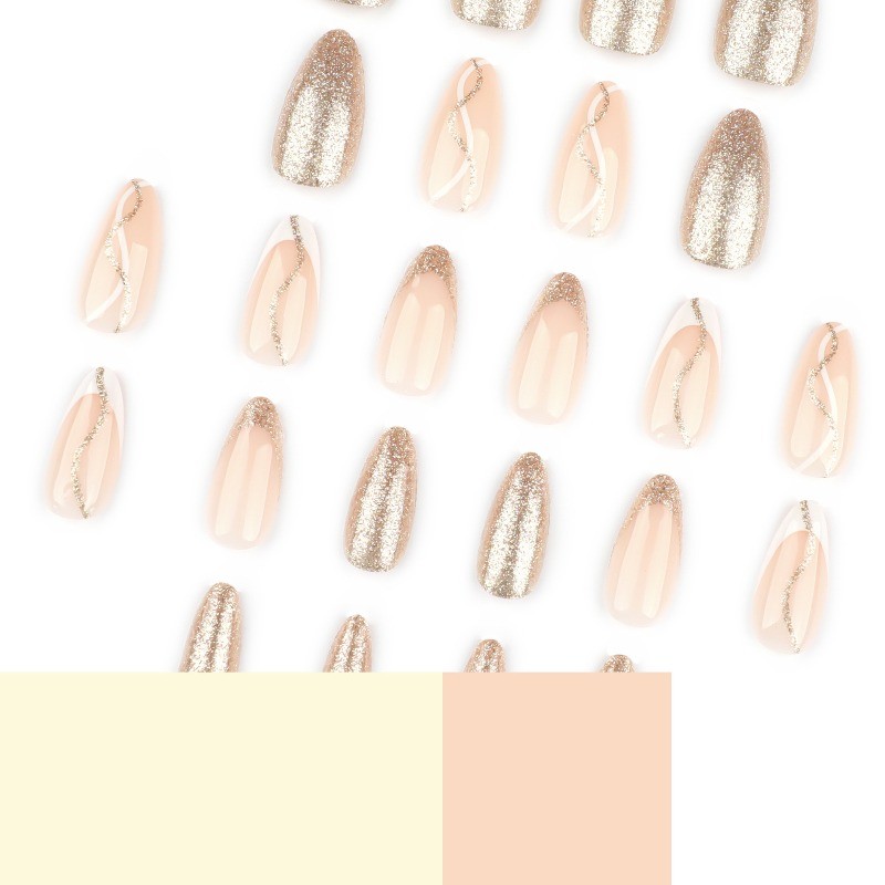 48pcs Light Luxury Premium Naked Gold French Wearing Armor Long Almond Nail Art