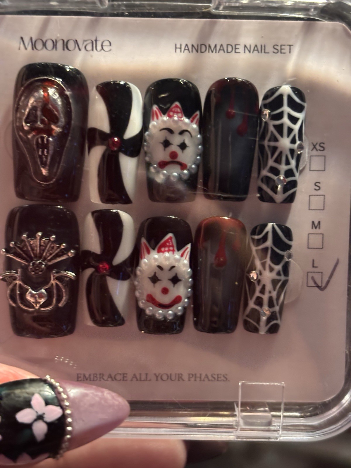 Moonovate Black/Red/White 3D Press-On Nails Long Coffin Halloween Handmade