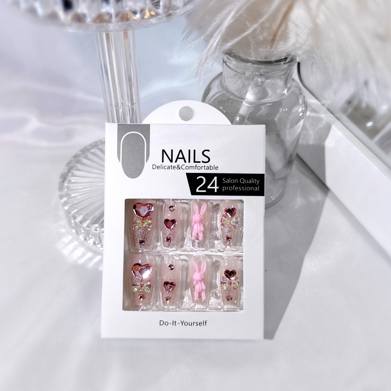 24pcs Pink Press On Nails Long Coffin French Tip Acrylic Fake Nails Heart Bunny