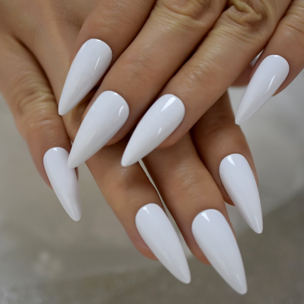 24 Press on nails kit w glue Long white stiletto pointed