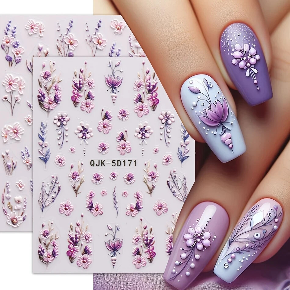 2pcs Spring Blossom 5D Nail Art Stickers – Pink & Purple Floral and Leaf Designs