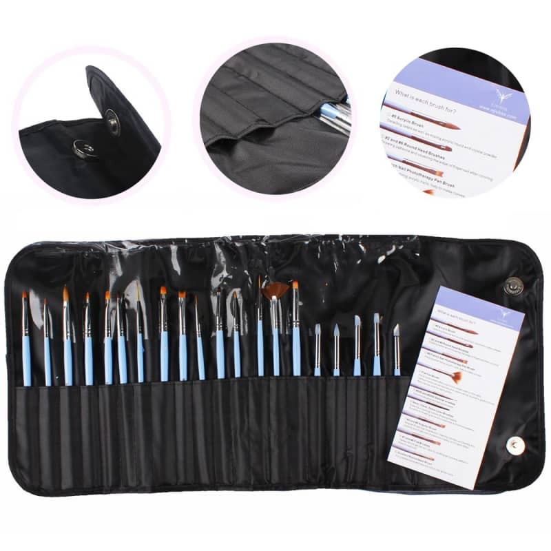 20pcs Pro Nail Art Brush Set Detail Liner Dotting & Silicone Tools w/ Case