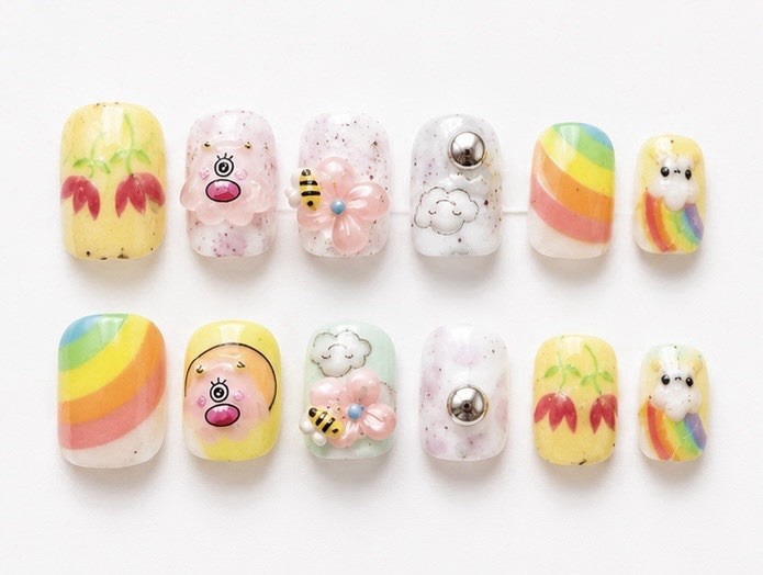Kids 3D Rainbow Press On Nails 12PCS with Adhesive Tabs Cute Fake Nails for Girl