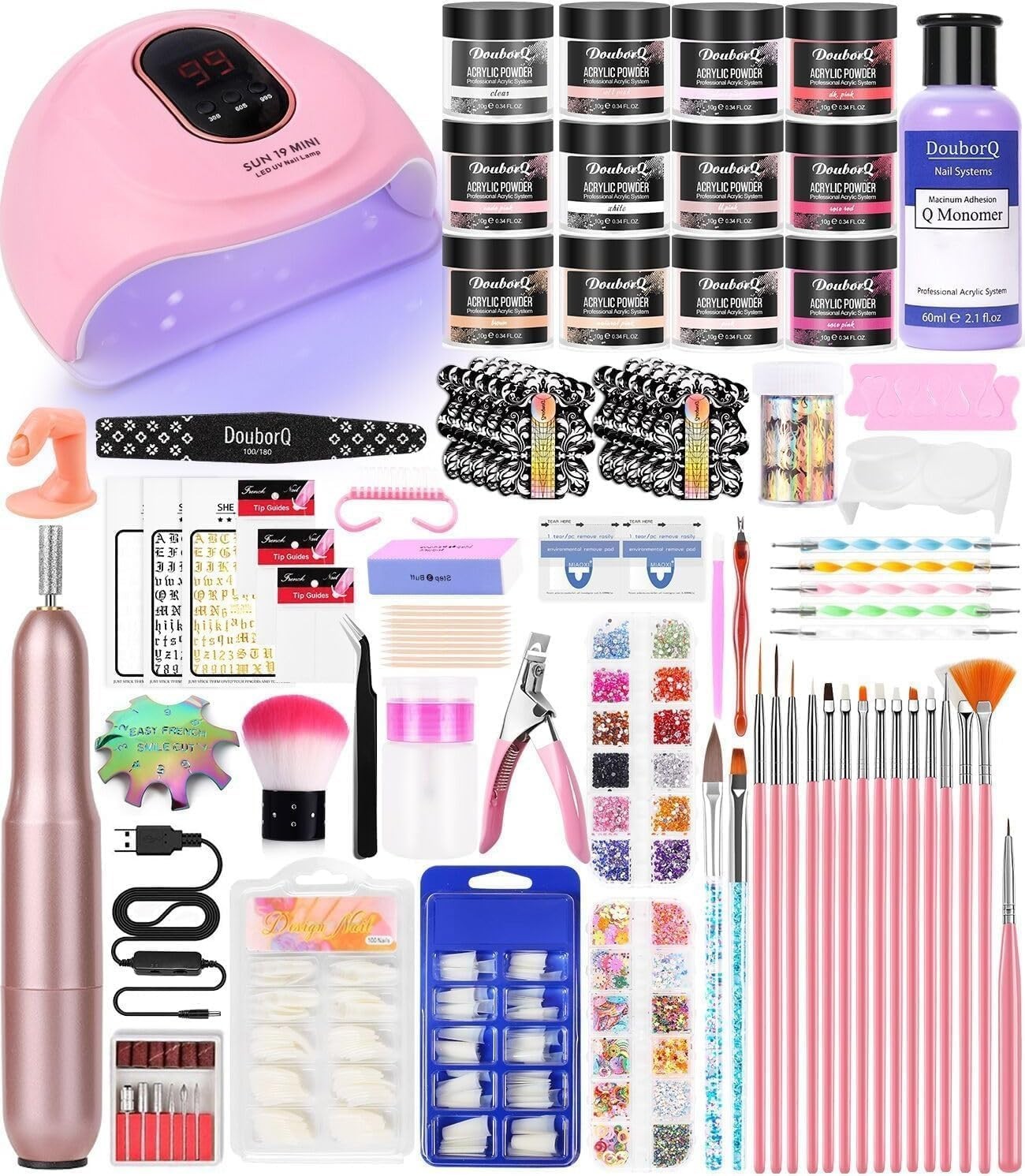 DouborQ Acrylic Nail Kit Starter Set Electric Nail Drill & Lamp Beginner Tools
