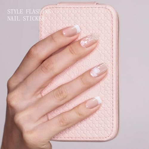 Gel Nail Stickers French Tip White Flower Semi Cured Gel Nail Strips Wraps