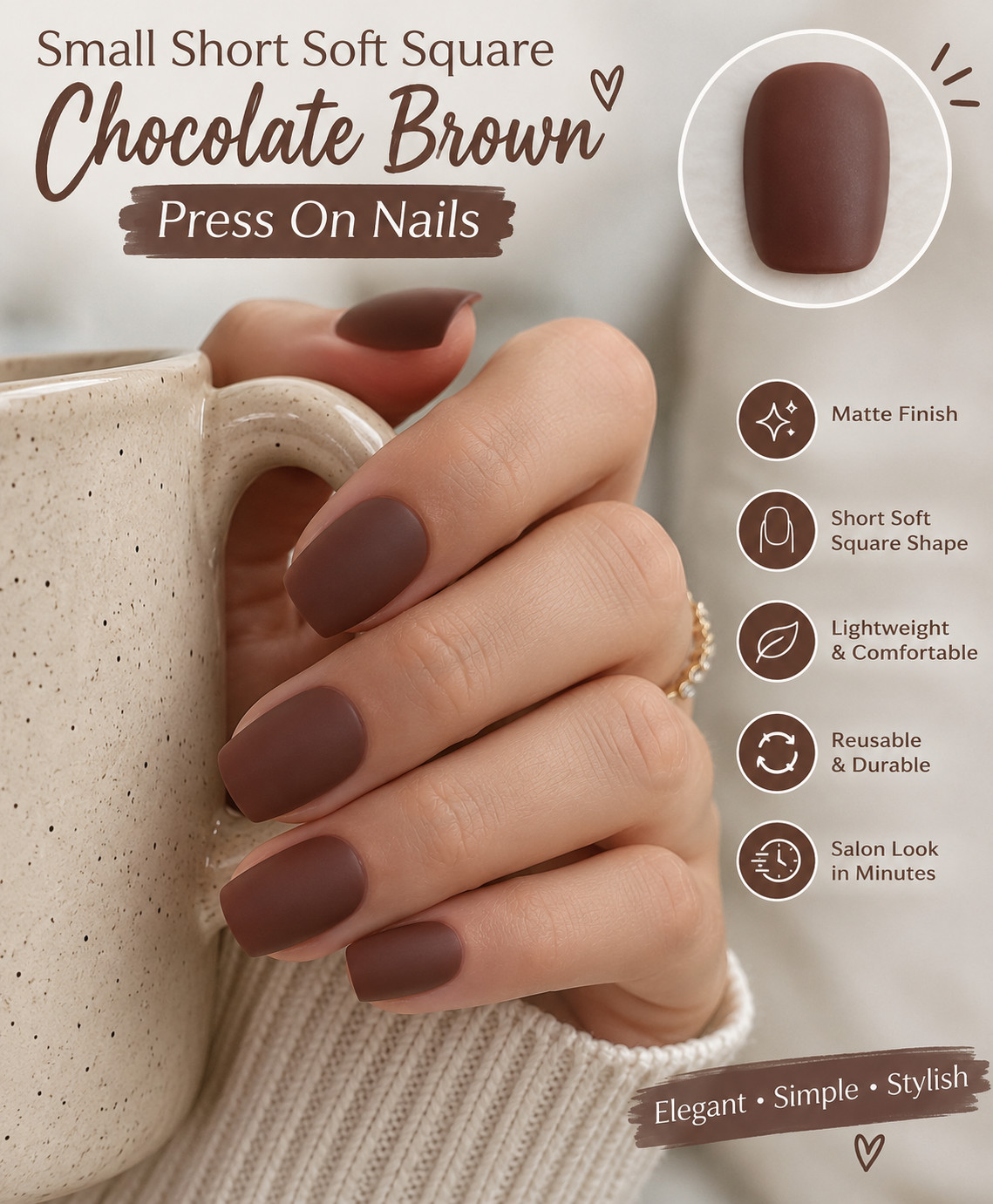 Chocolate Brown Soft Square Press On Nails | Matte Reusable False – Medium