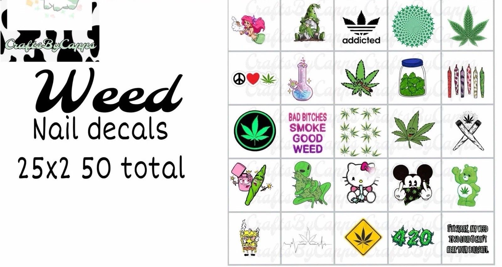 Weed Waterslide Finger Nail Decals Instructions set of 50 KC Bonus