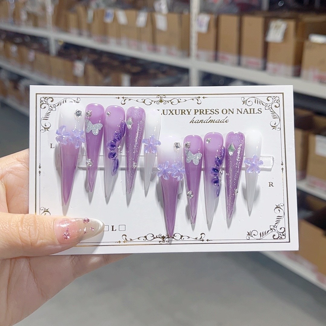 10Pcs Purple White Gradient 3D Butterfly Long Stiletto Press On Nails For Party