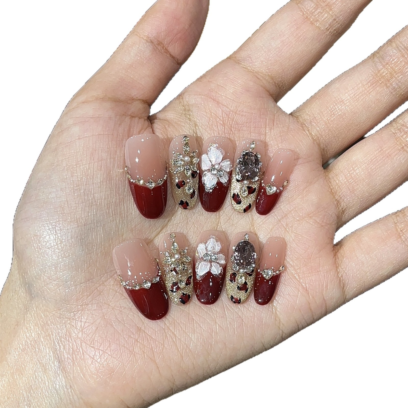 10Pcs Handmade Wine Red Leopard Cat Eye Nails Rhinestone Party Look