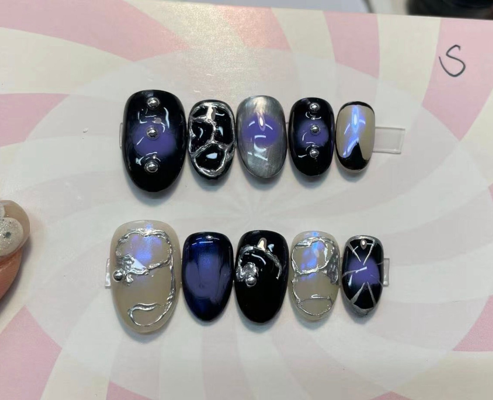 Custom Handmade Silver Mirror Foil Black Purple Iridescent Square Press on Nails