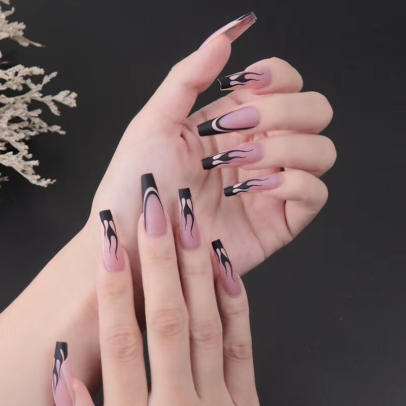 Handmade False Nail Black&Pink French Coffin Long Press on Nails for Manicure