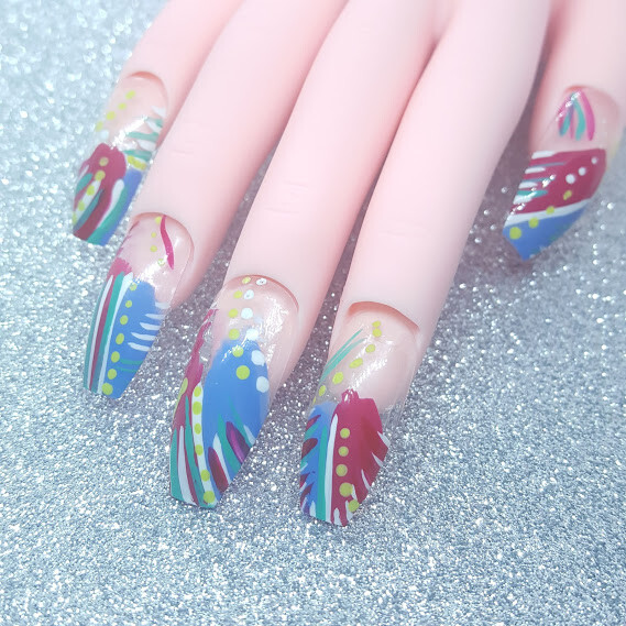 90’s Retro Abstract Press On Nails Pink Purple White Green Long Handmade Gel